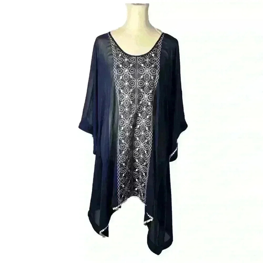 LANDS' END *SMALL 6-8* Navy Blue Beach Swim Cover-Up/Tunic With Embroidery